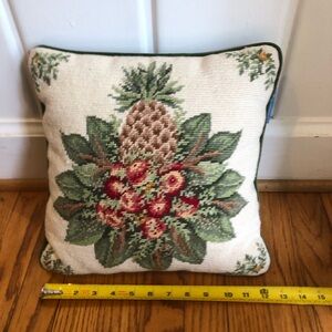 Vintage Williamsburg pineapple throw pillow, floral needlepoint, 13x13